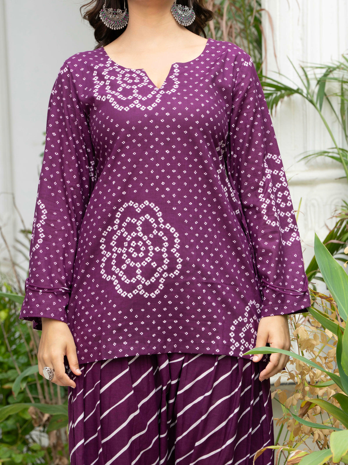 Women Purple Bandhani Lehariya Cotton Farsi Suit Set