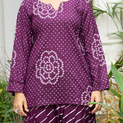 Women Purple Bandhani Lehariya Cotton Farsi Suit Set