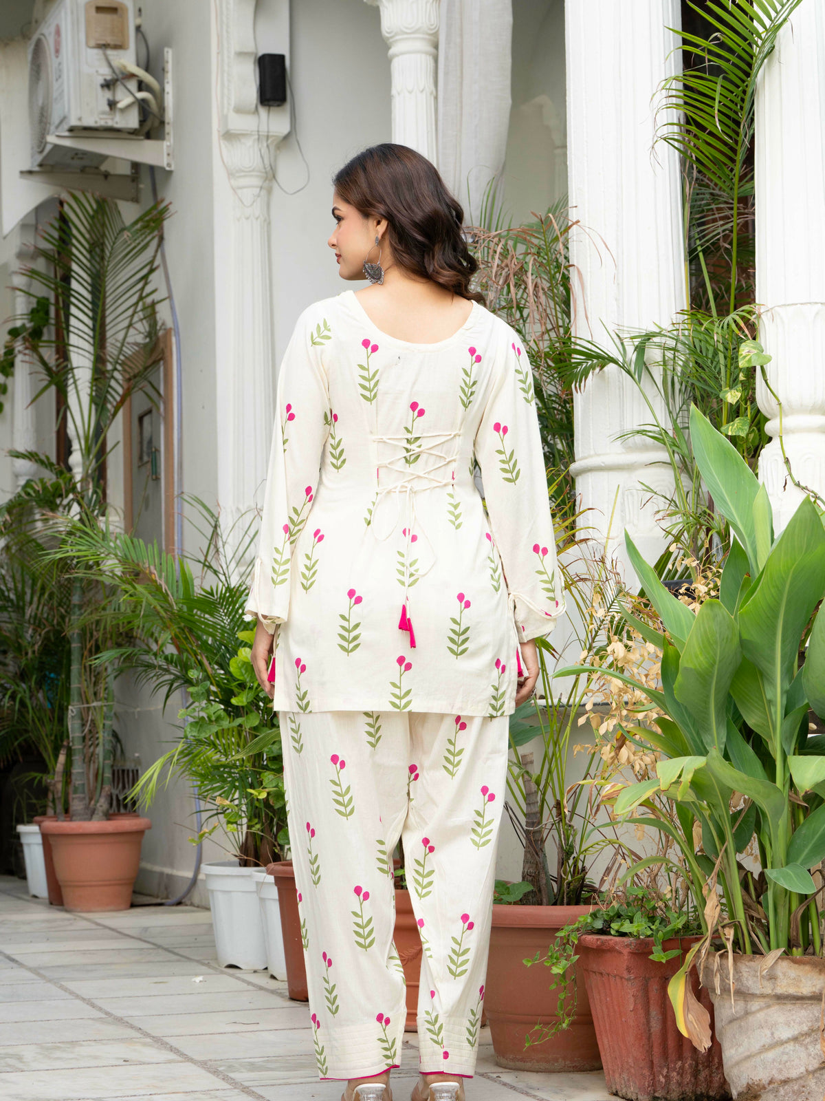 Women Off-White Printed Cotton Farsi Suit Set with Pom-Pom Dupatta