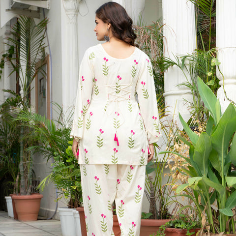 Women Off-White Printed Cotton Farsi Suit Set with Pom-Pom Dupatta