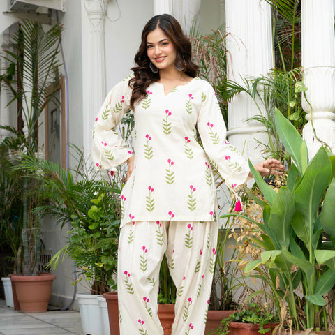 Women Off-White Printed Cotton Farsi Suit Set with Pom-Pom Dupatta