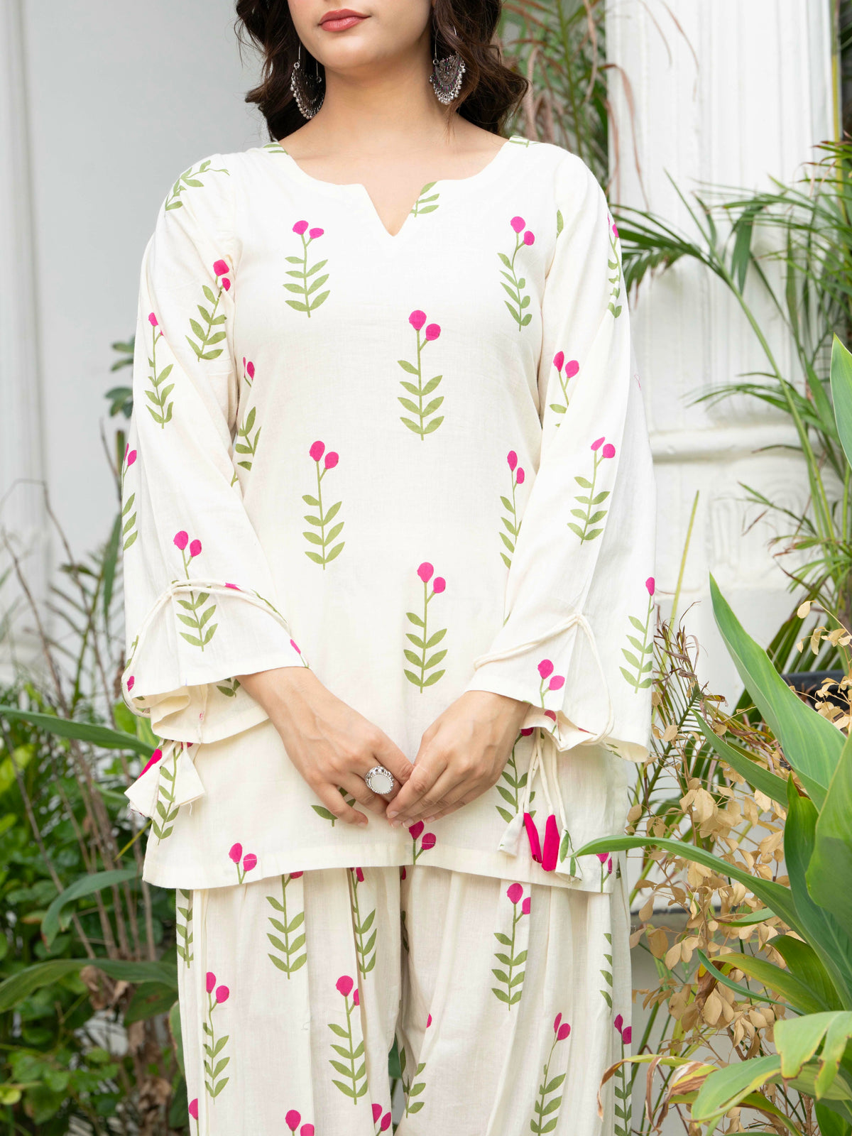 Women Off-White Printed Cotton Farsi Suit Set with Pom-Pom Dupatta