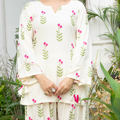 Women Off-White Printed Cotton Farsi Suit Set with Pom-Pom Dupatta