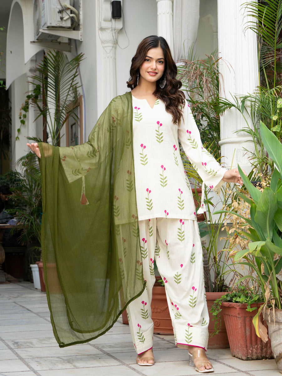 Women Off-White Printed Cotton Farsi Suit Set with Pom-Pom Dupatta