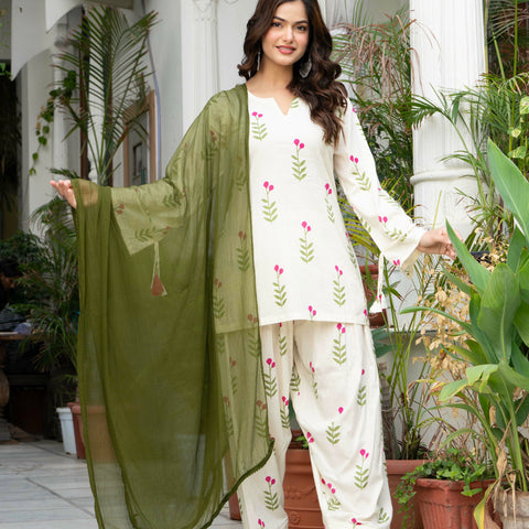 Women Off-White Printed Cotton Farsi Suit Set with Pom-Pom Dupatta