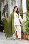 Women Off-White Printed Cotton Farsi Suit Set with Pom-Pom Dupatta
