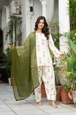 Women Off-White Printed Cotton Farsi Suit Set with Pom-Pom Dupatta