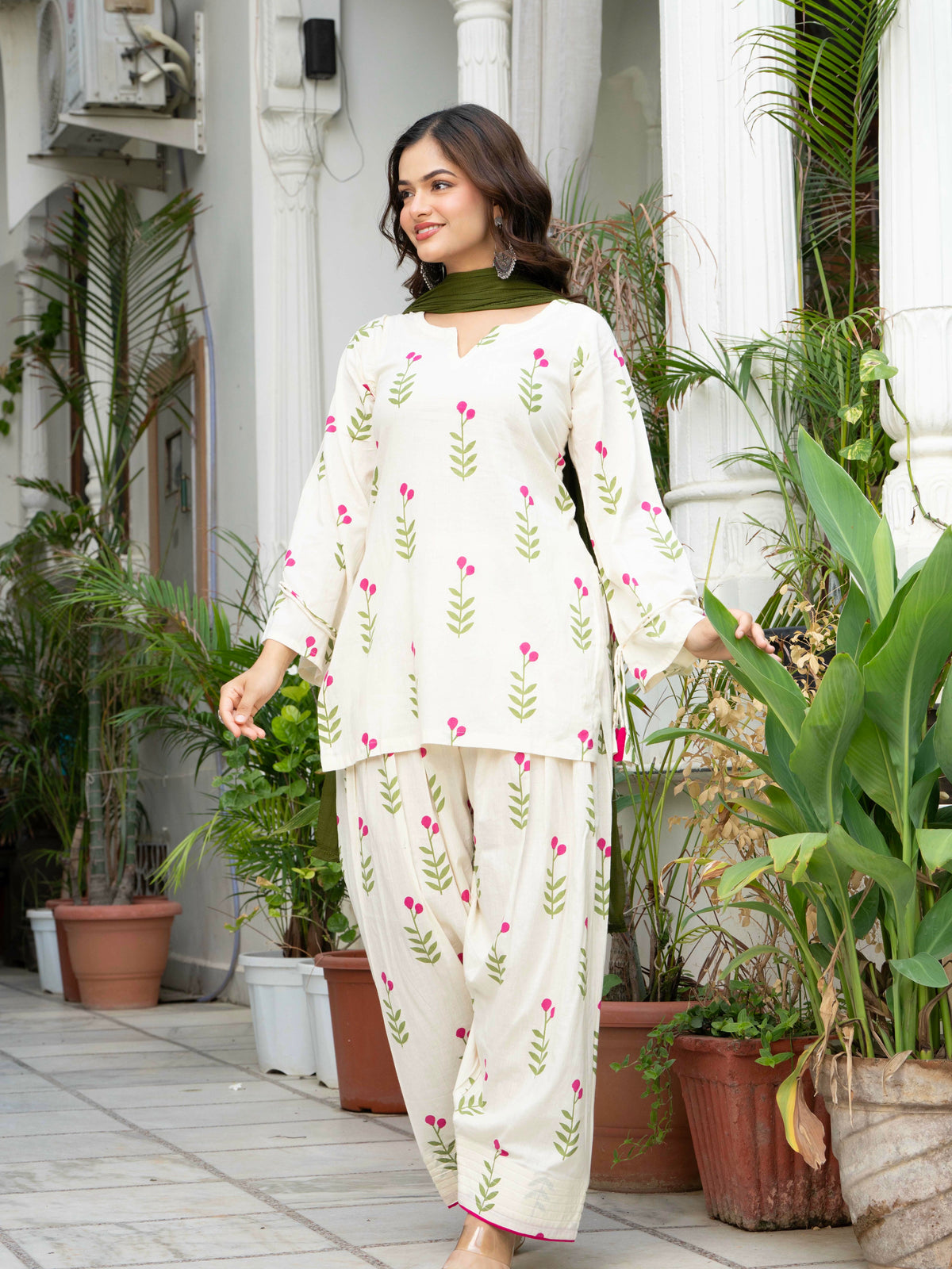 Women Off-White Printed Cotton Farsi Suit Set with Pom-Pom Dupatta