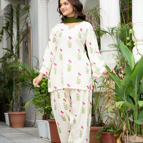 Women Off-White Printed Cotton Farsi Suit Set with Pom-Pom Dupatta