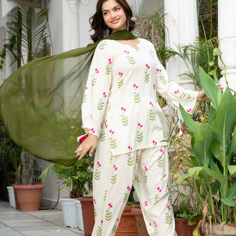 Women Off-White Printed Cotton Farsi Suit Set with Pom-Pom Dupatta