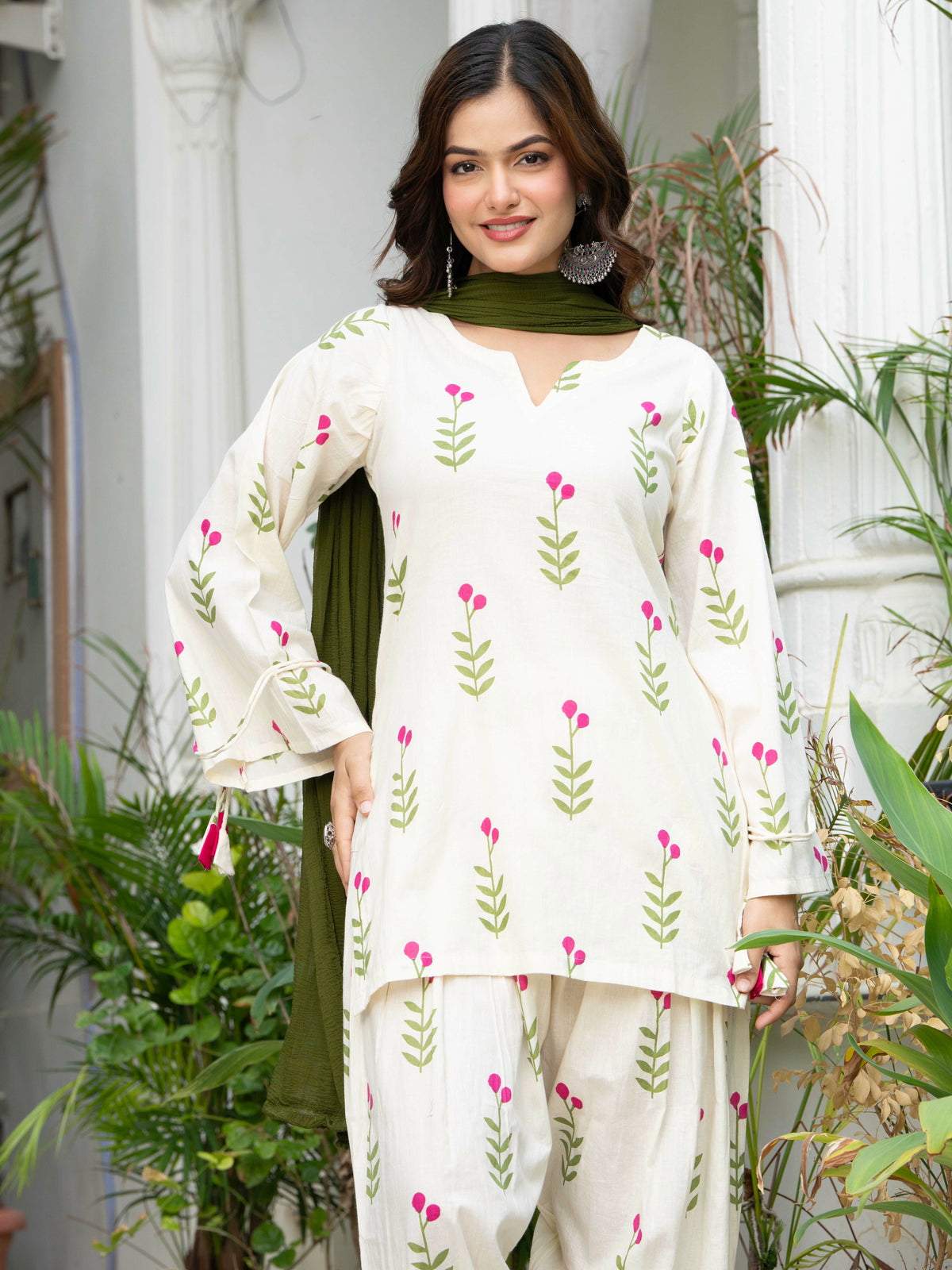 Women Off-White Printed Cotton Farsi Suit Set with Pom-Pom Dupatta
