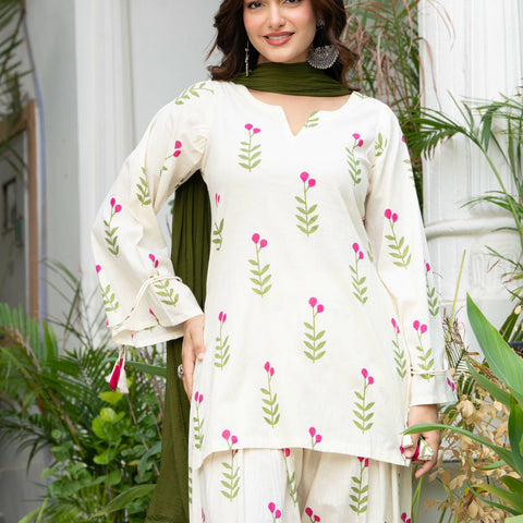 Women Off-White Printed Cotton Farsi Suit Set with Pom-Pom Dupatta