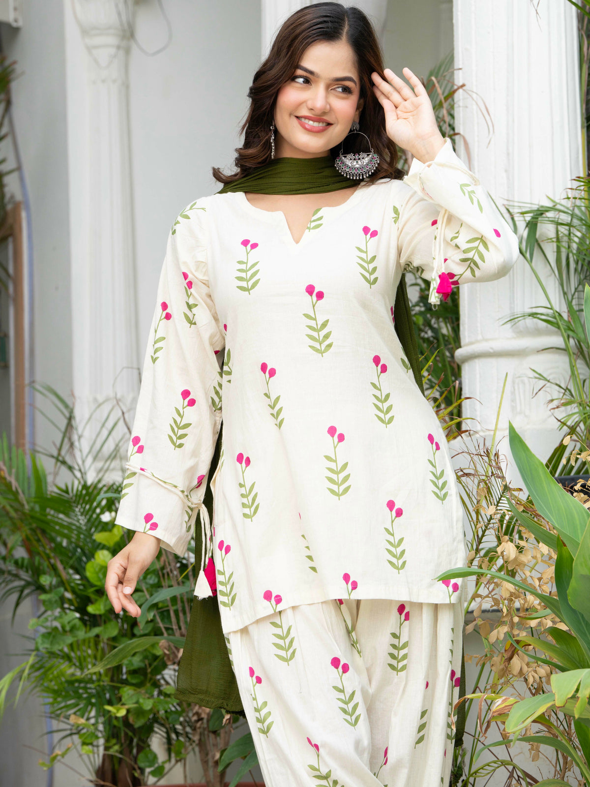 Women Off-White Printed Cotton Farsi Suit Set with Pom-Pom Dupatta