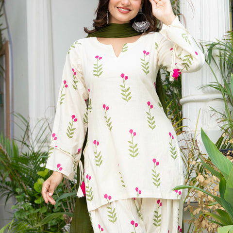 Women Off-White Printed Cotton Farsi Suit Set with Pom-Pom Dupatta