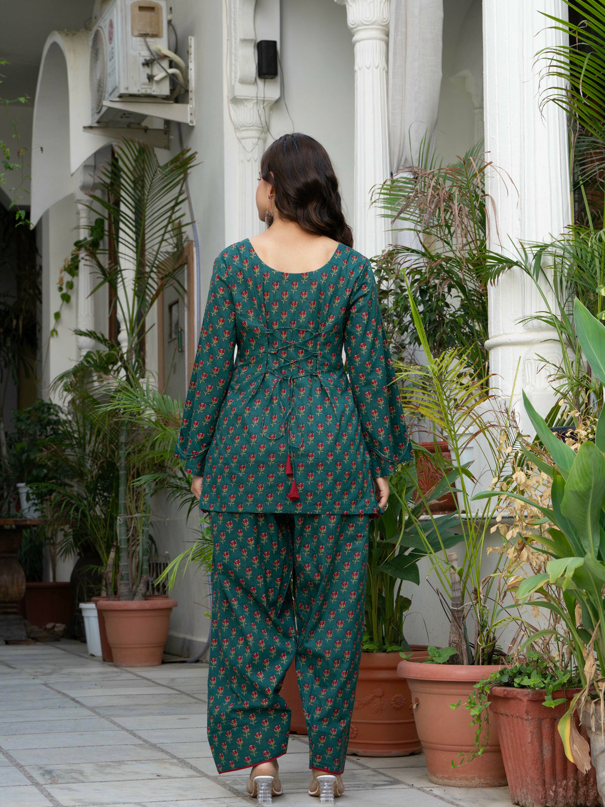 Women Bottle Green Floral Cotton Farsi Suit Set