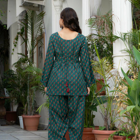 Women Bottle Green Floral Cotton Farsi Suit Set