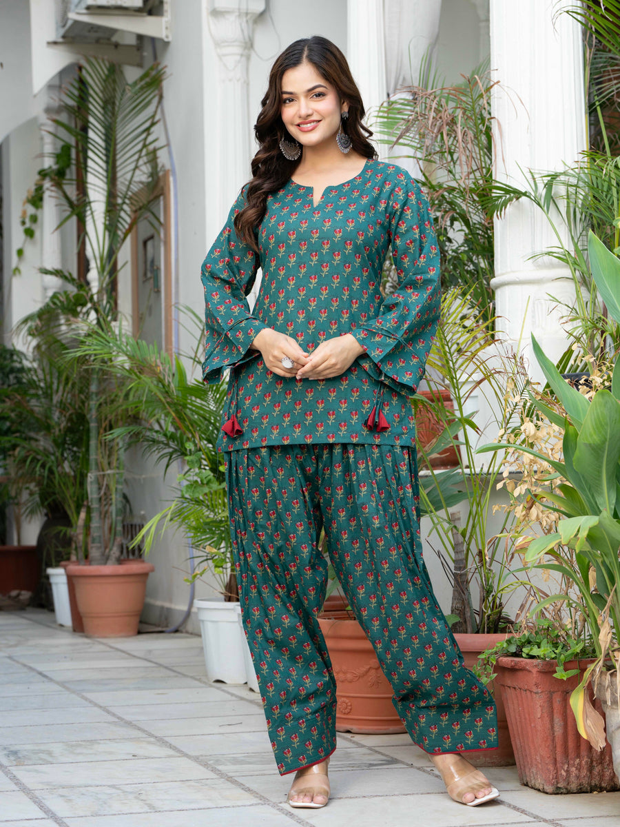 Women Bottle Green Floral Cotton Farsi Suit Set