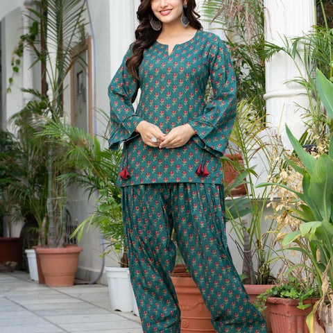 Women Bottle Green Floral Cotton Farsi Suit Set
