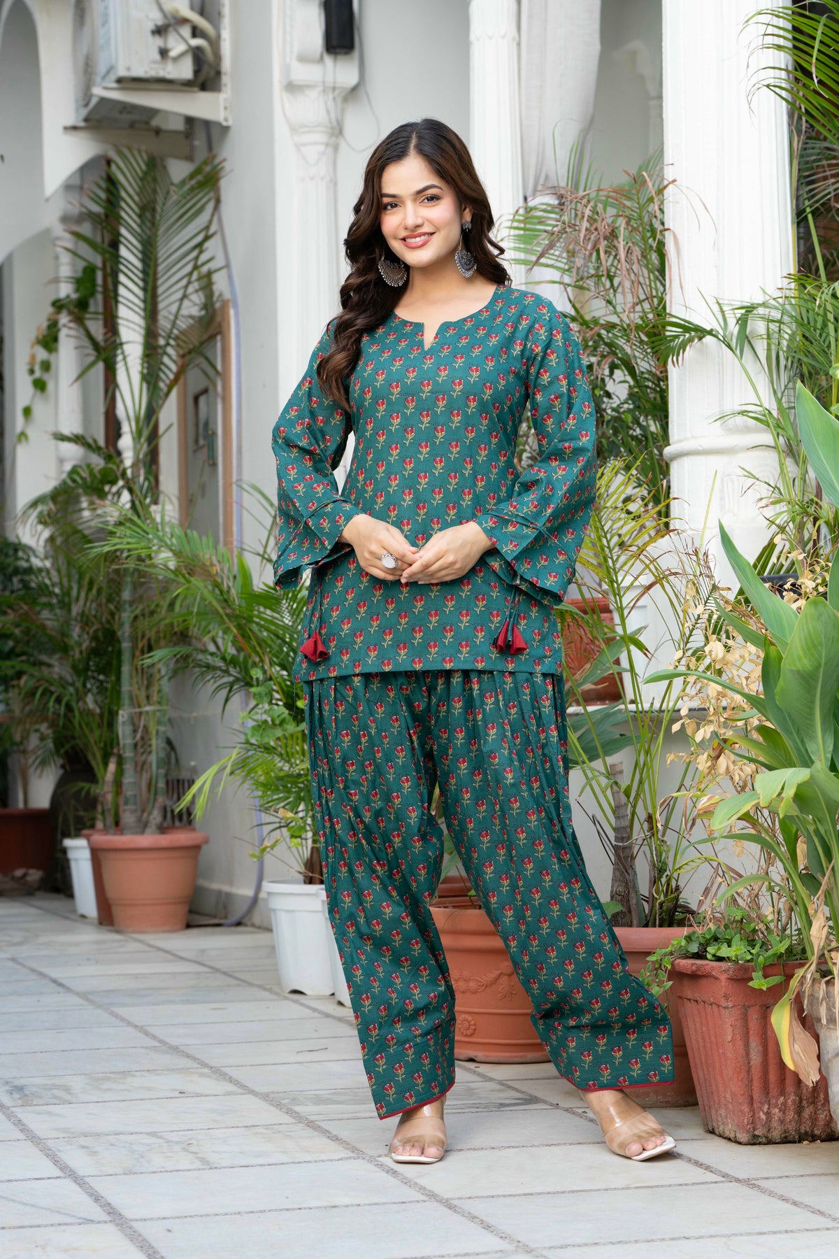 Women Bottle Green Floral Cotton Farsi Suit Set