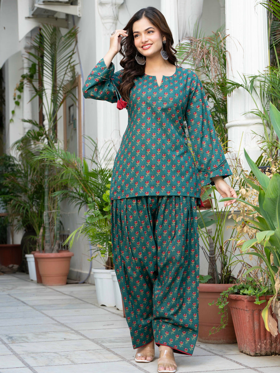 Women Bottle Green Floral Cotton Farsi Suit Set