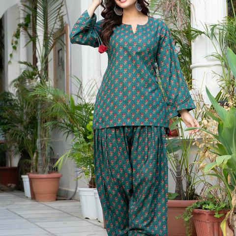 Women Bottle Green Floral Cotton Farsi Suit Set