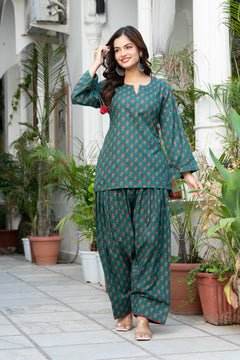 Women Bottle Green Floral Cotton Farsi Suit Set