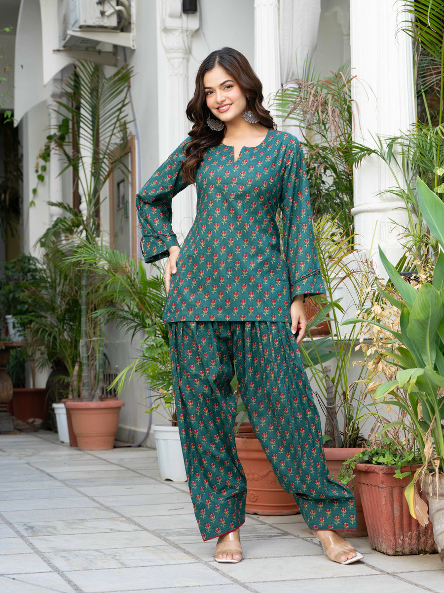Women Bottle Green Floral Cotton Farsi Suit Set