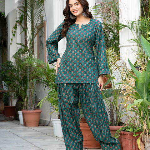Women Bottle Green Floral Cotton Farsi Suit Set
