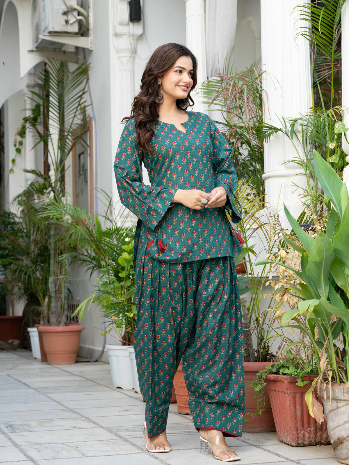 Women Bottle Green Floral Cotton Farsi Suit Set