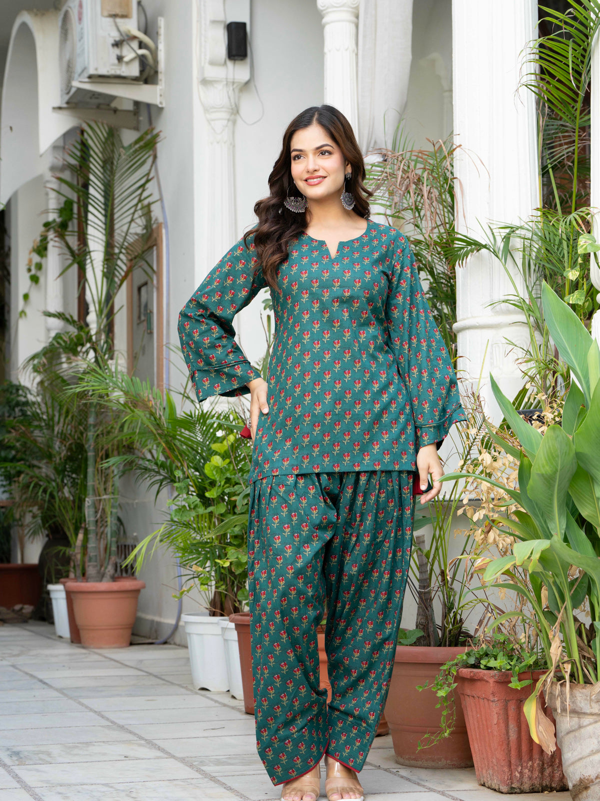 Women Bottle Green Floral Cotton Farsi Suit Set