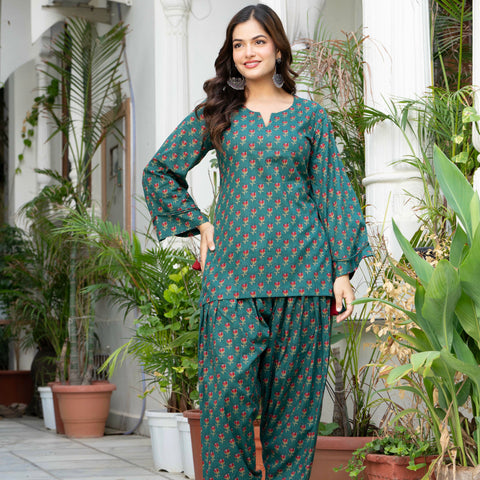 Women Bottle Green Floral Cotton Farsi Suit Set