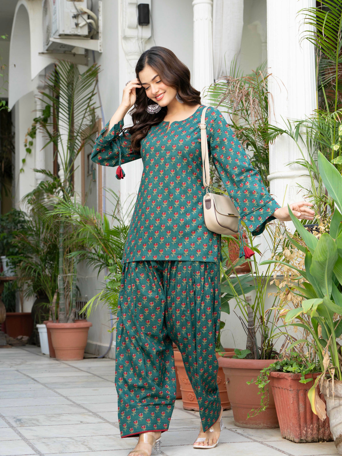 Women Bottle Green Floral Cotton Farsi Suit Set