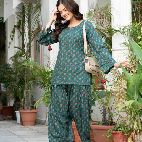 Women Bottle Green Floral Cotton Farsi Suit Set