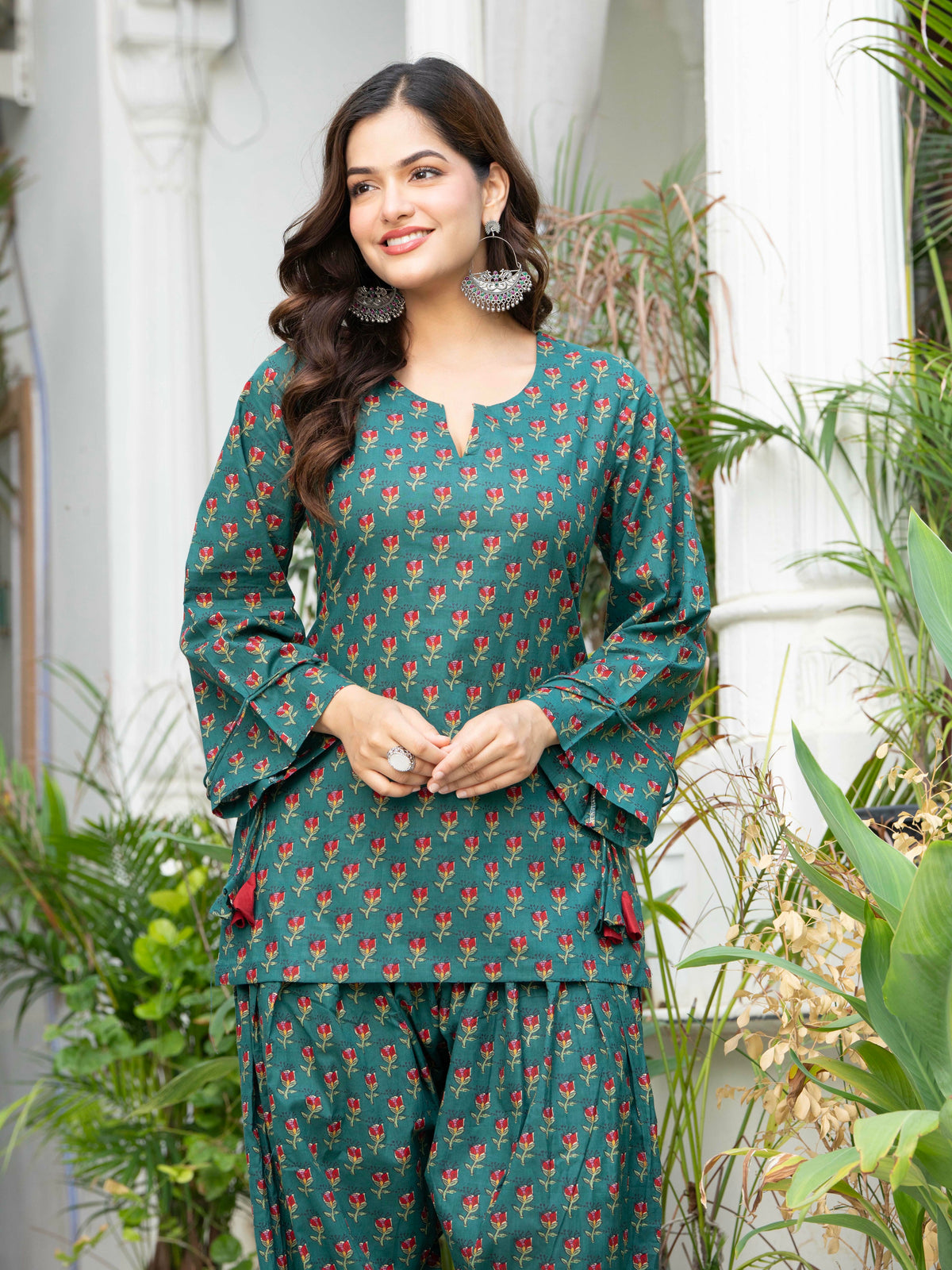 Women Bottle Green Floral Cotton Farsi Suit Set
