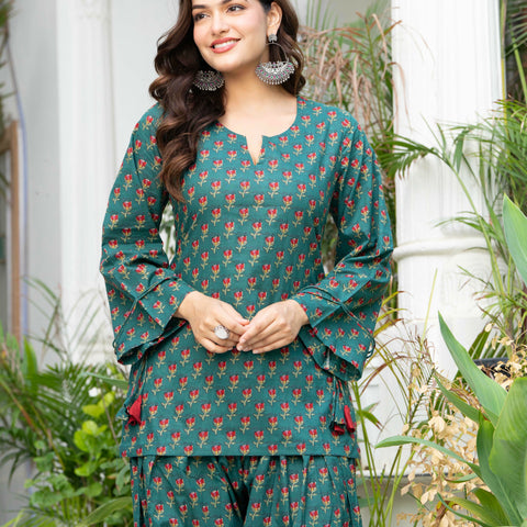 Women Bottle Green Floral Cotton Farsi Suit Set