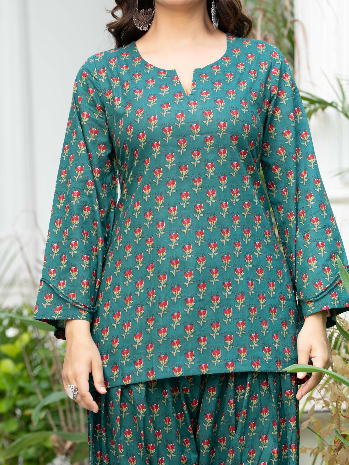 Women Bottle Green Floral Cotton Farsi Suit Set