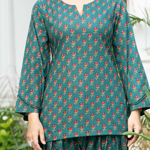 Women Bottle Green Floral Cotton Farsi Suit Set