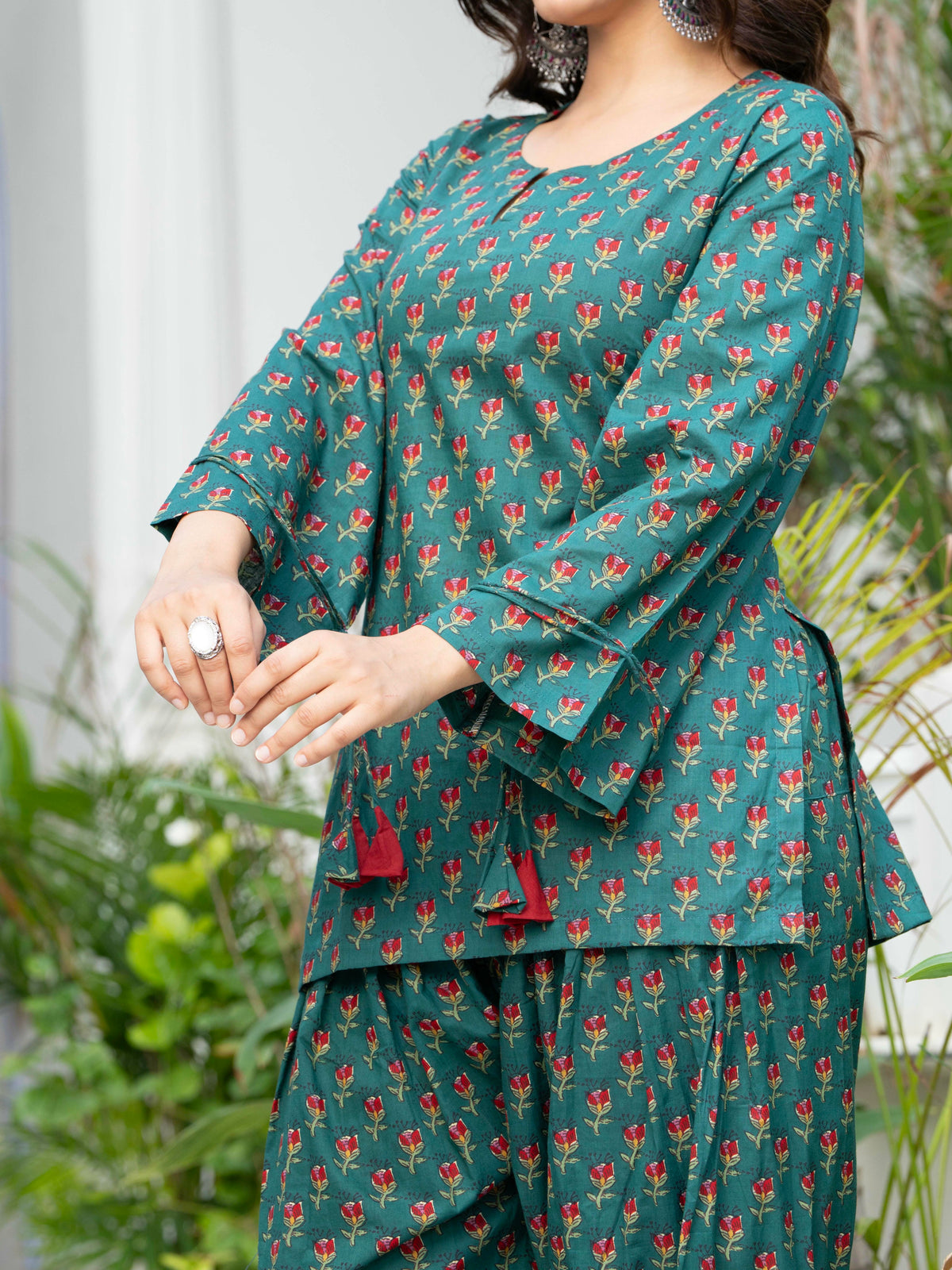 Women Bottle Green Floral Cotton Farsi Suit Set