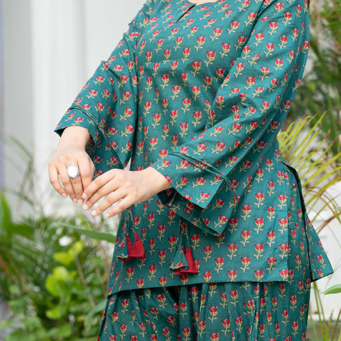 Women Bottle Green Floral Cotton Farsi Suit Set