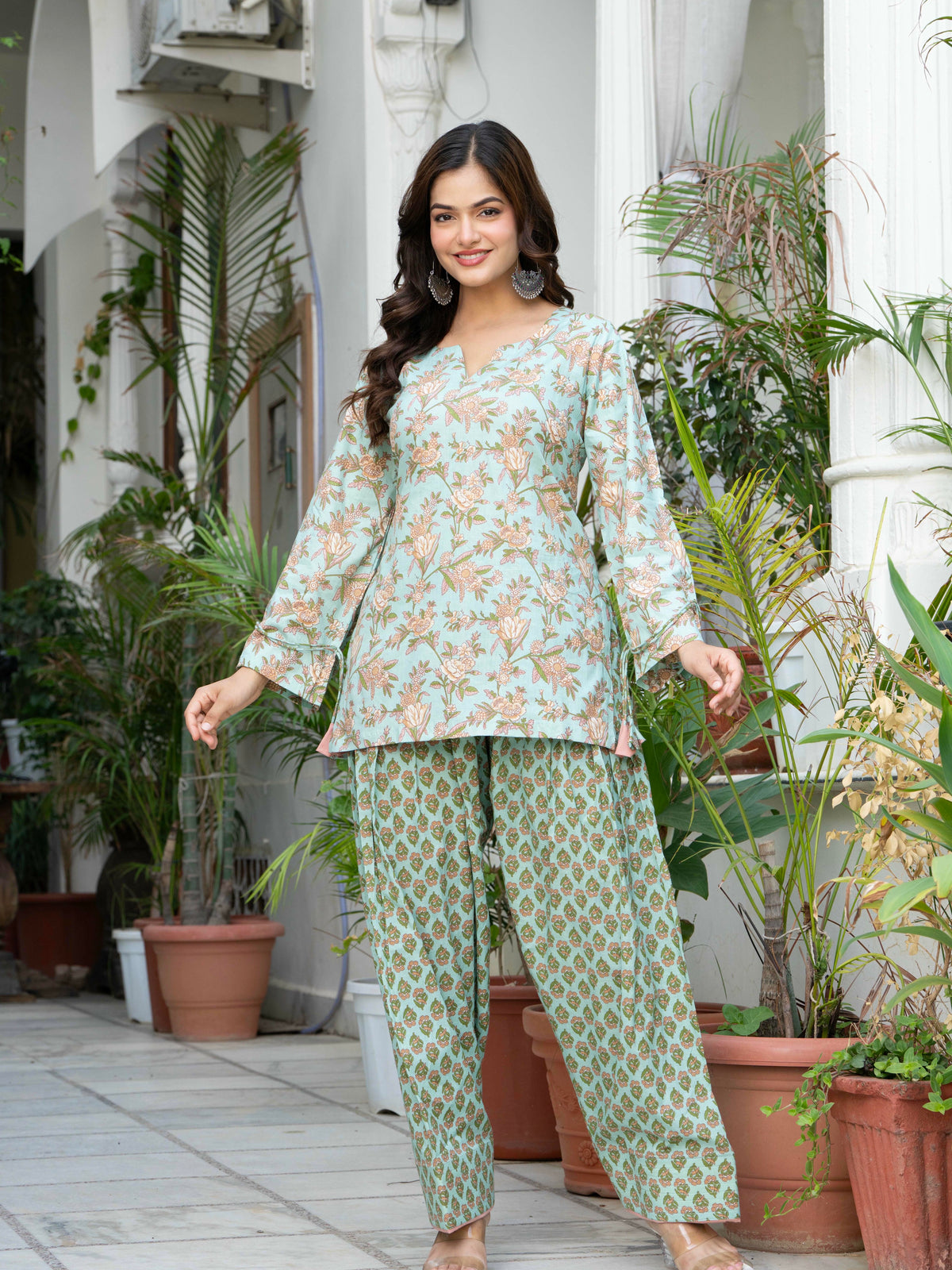 Women Sea Green Printed Cotton Farsi Suit Set