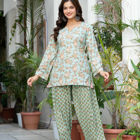 Women Sea Green Printed Cotton Farsi Suit Set