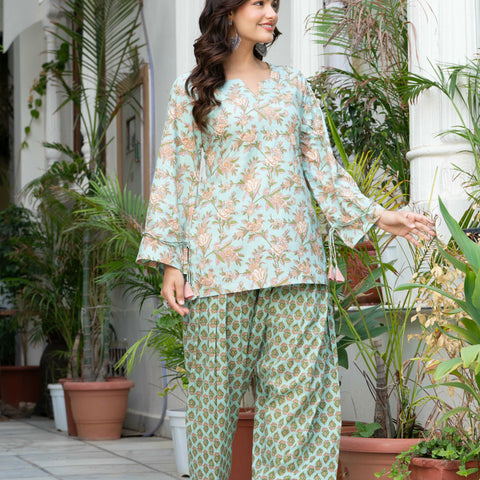 Women Sea Green Printed Cotton Farsi Suit Set
