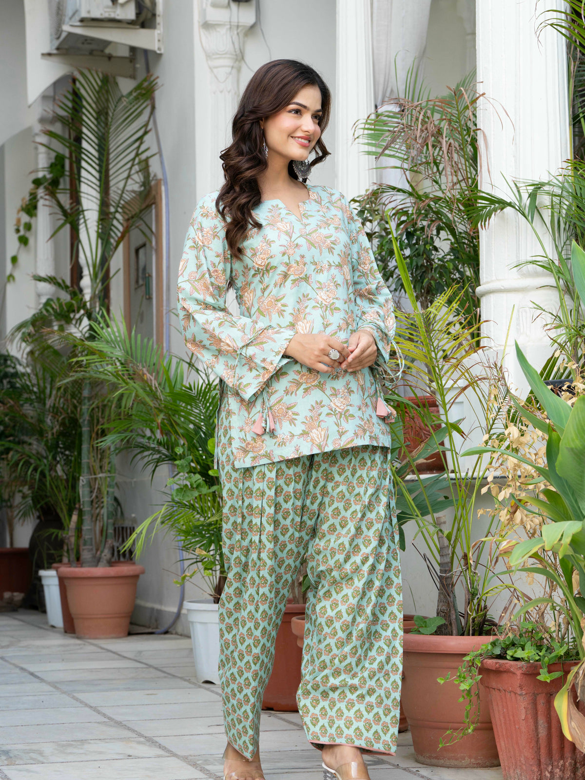 Women Sea Green Printed Cotton Farsi Suit Set