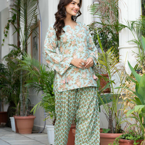 Women Sea Green Printed Cotton Farsi Suit Set