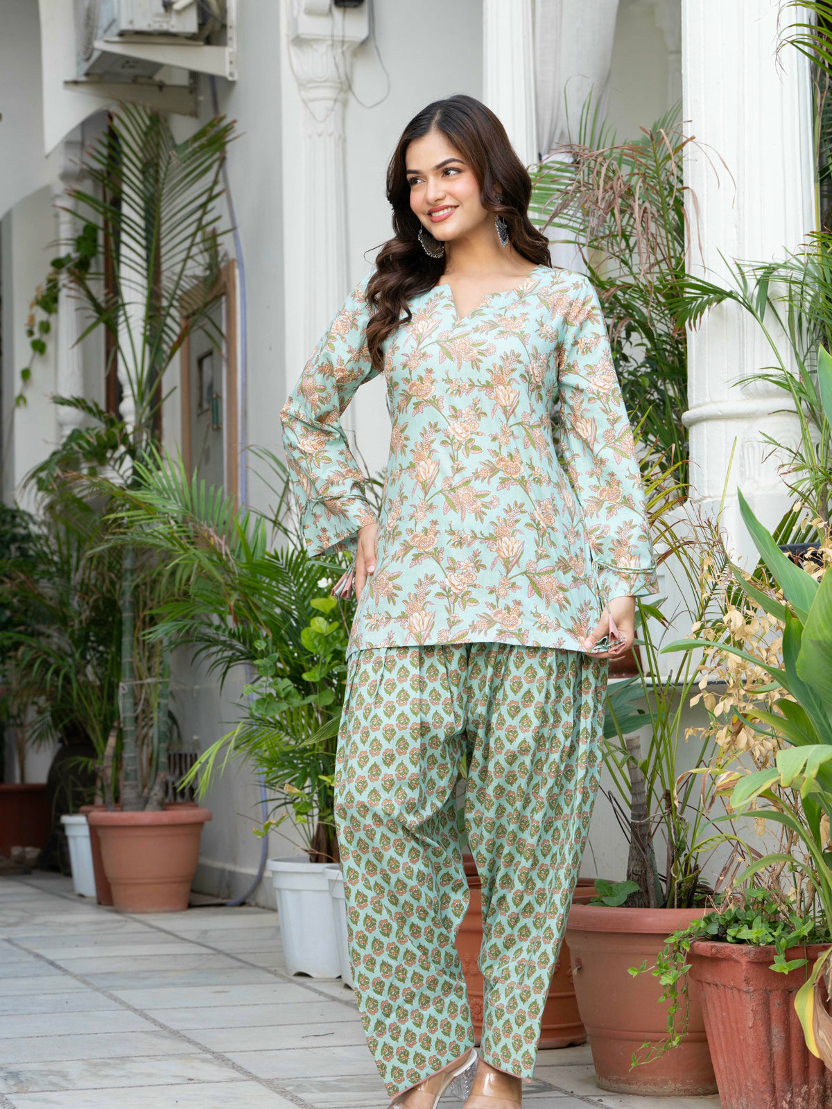 Women Sea Green Printed Cotton Farsi Suit Set
