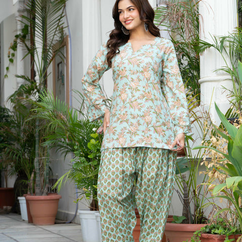 Women Sea Green Printed Cotton Farsi Suit Set