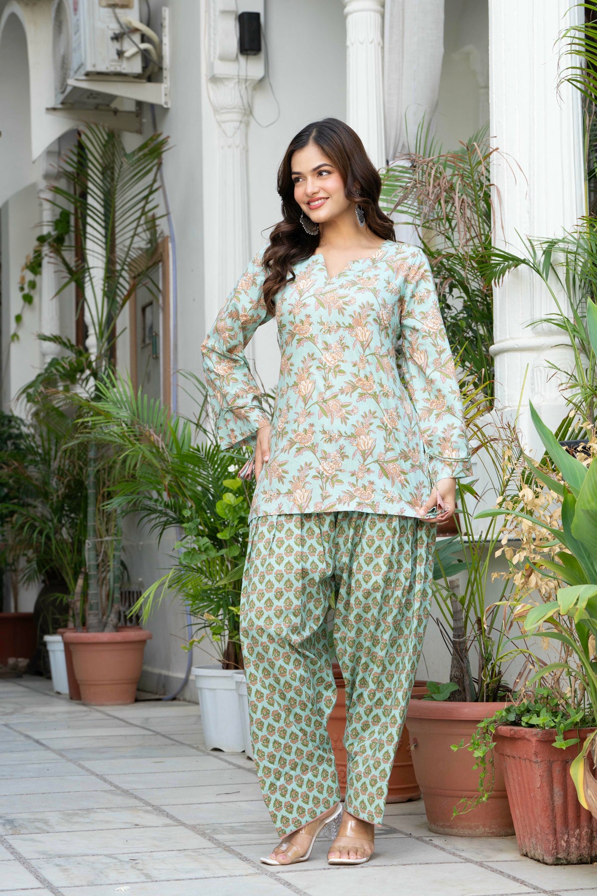 Women Sea Green Printed Cotton Farsi Suit Set
