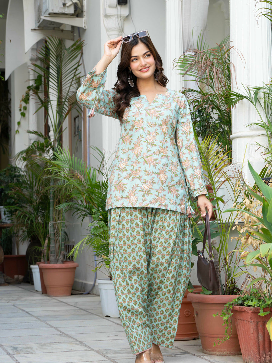 Women Sea Green Printed Cotton Farsi Suit Set