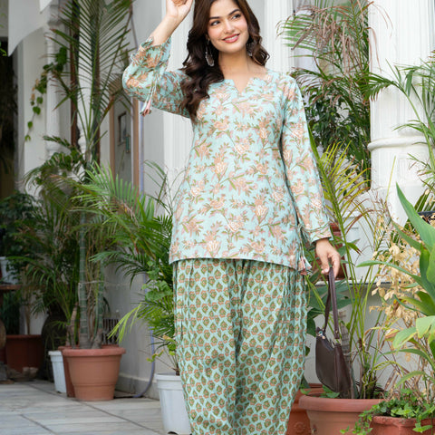 Women Sea Green Printed Cotton Farsi Suit Set