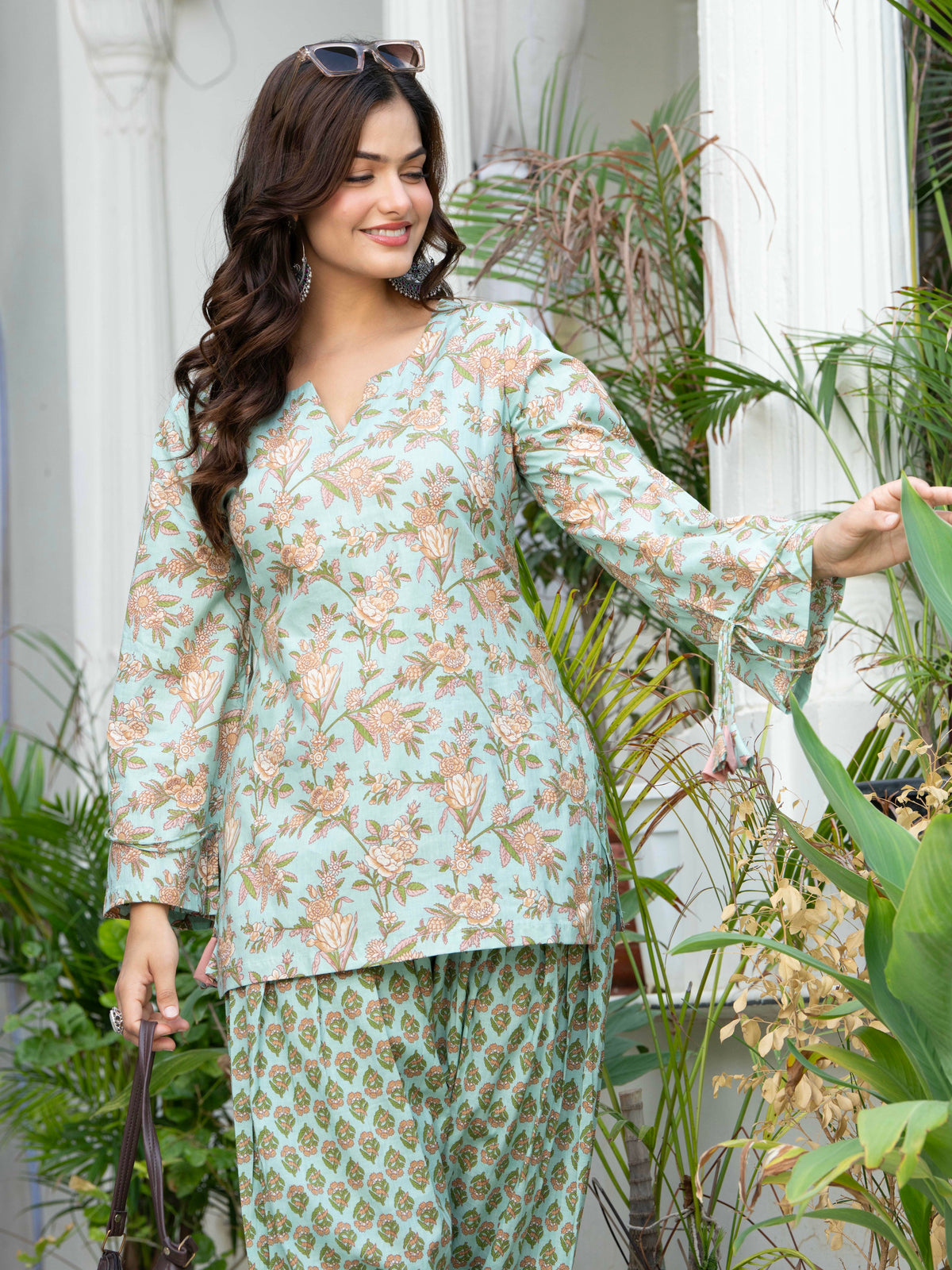 Women Sea Green Printed Cotton Farsi Suit Set